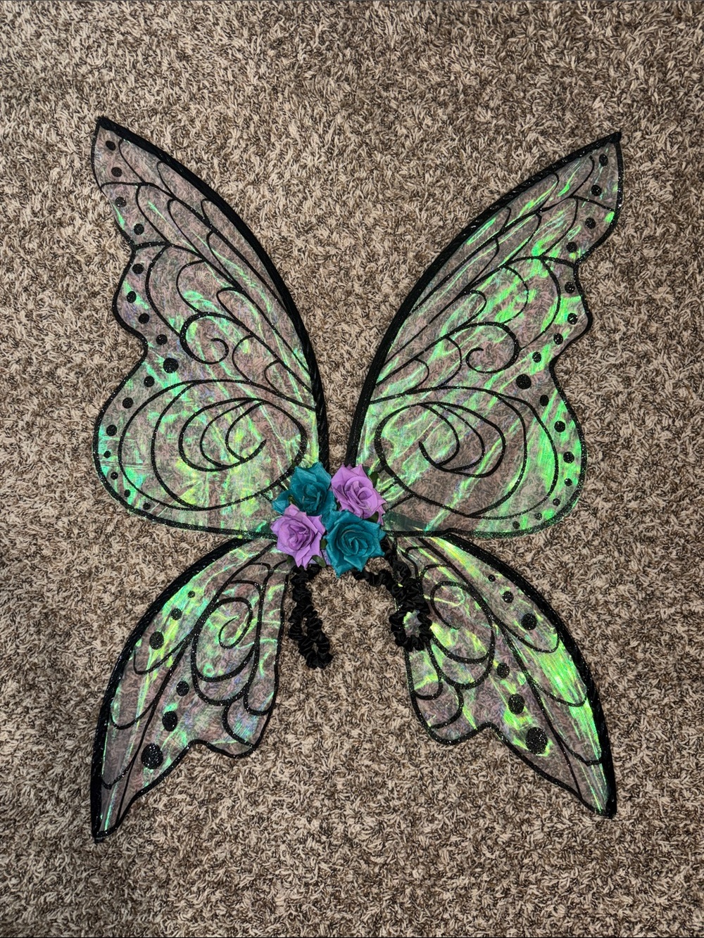 Iridescent Black Fairy Wings with Purple & Teal Flowers